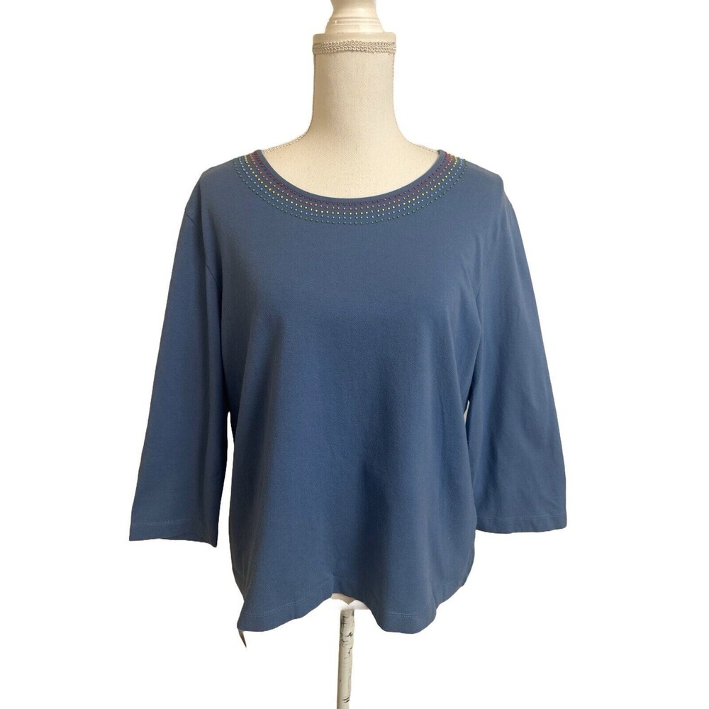 Hearts of Palm Women's L Blue 3/4 Sleeve Knit Shirt w/ Colorful beaded Detail